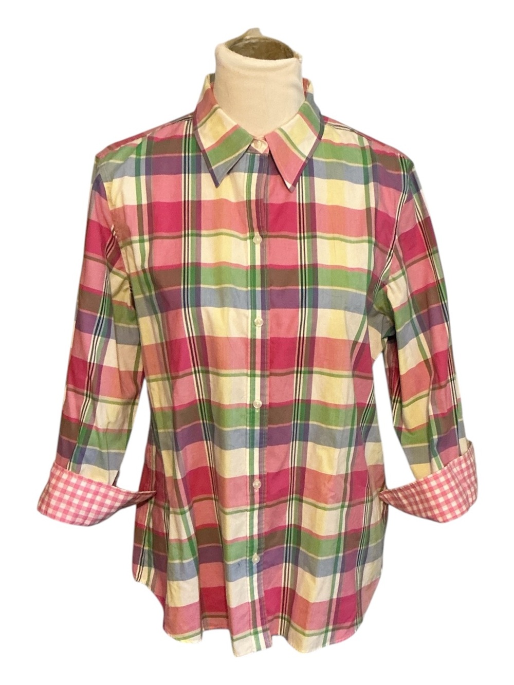 Chaps Pastel Plaid Button-Up Shirt in Pink, Green, Yellow, Blue